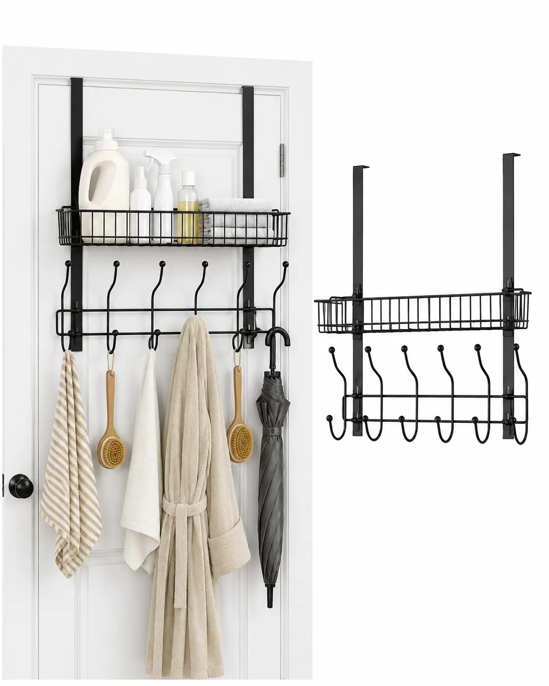All-in-One Over the Door Organizer with Door Rack, Storage Organizer with Door Basket & 6 Hooks, Space-Saving Hanging Organizer for Entryway, Bathroom & Laundry Room