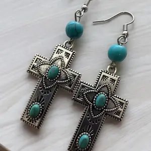 Silver Cross Earrings with Turquoise Howlite - Spiritual Meets Boho Style, Elegant Design, Unique Beads