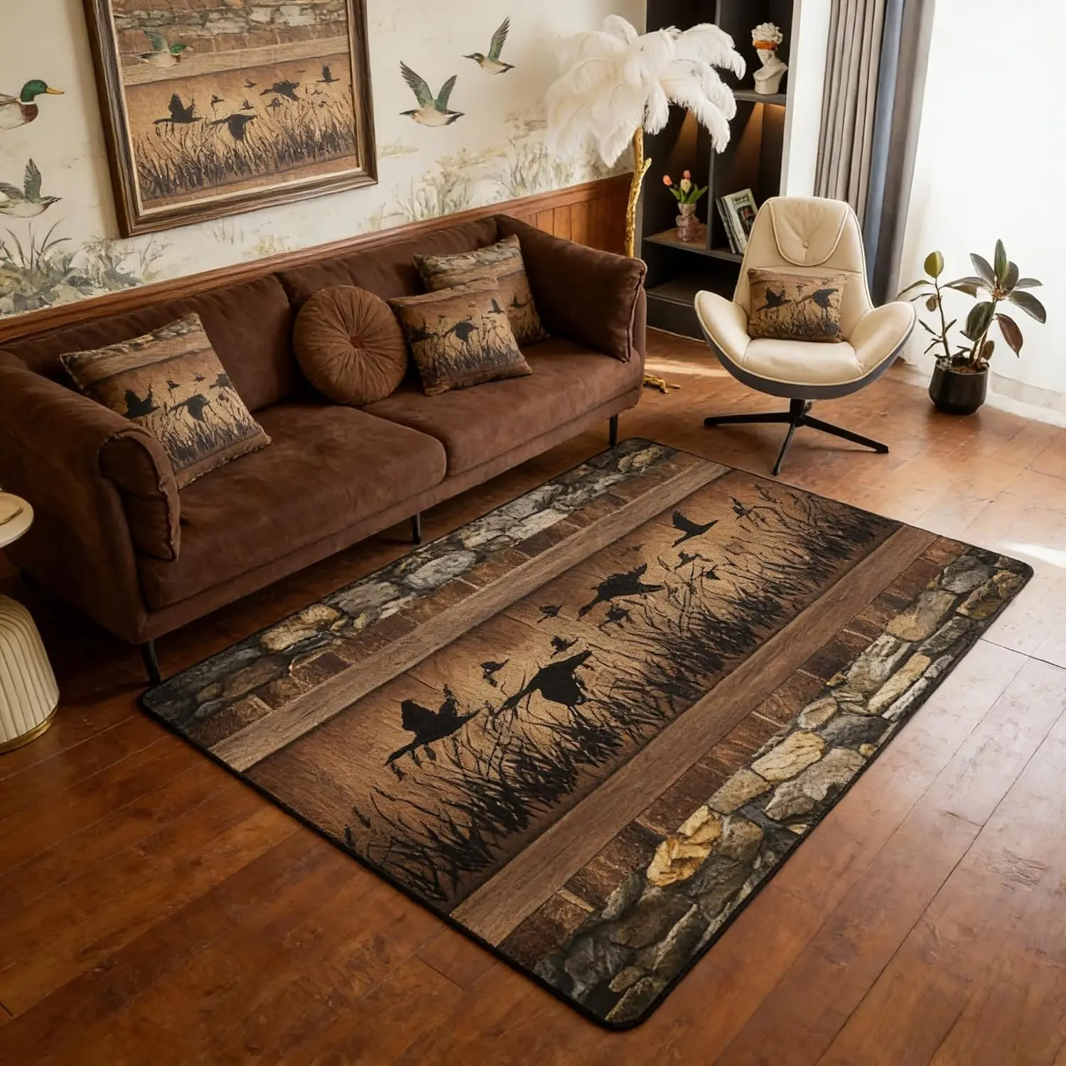 Mallard Duck Hunting Area Rug 3x5 Farmhouse Rug for Bedroom Living Room Rustic Cabin Carpet Non Slip Brown Country Wooden Stone Indoor Floor Mat Lodge Home Decor