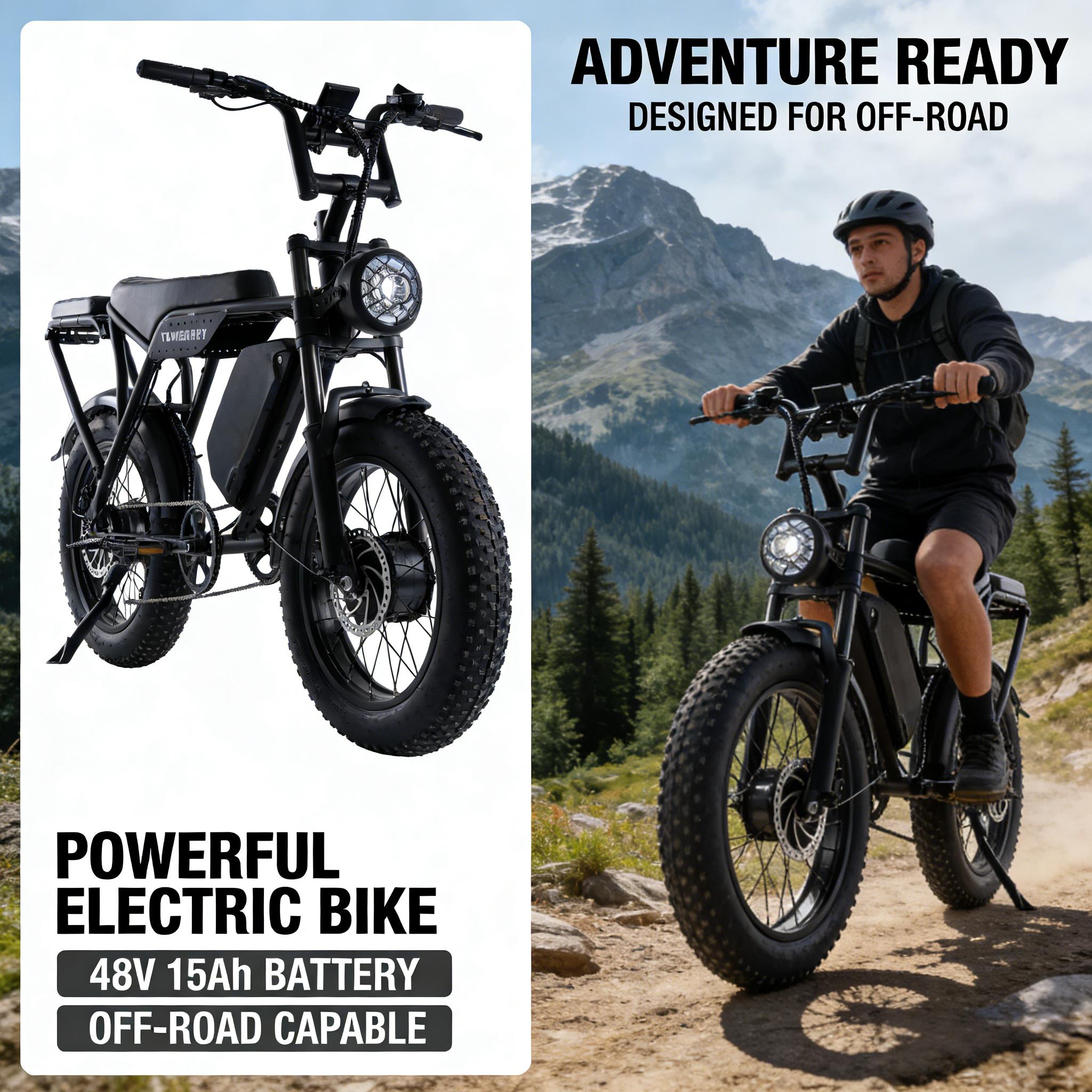 T8  Our off-road electric bike，with a 1150W motor for tough trails, 60V 15Ah battery, max 28MPH speed, 80-mile range, 20"×4 fat tires and Shimano 7-Speed—built for adventure, ideal for enthusiasts seeking power and durability.