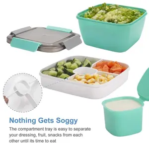 Salad Container To Go 52oz (Green) | 3 Sections + Salad Dressing Cup | For Men Women Snacks