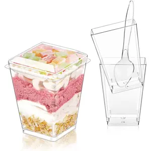 20Pack 5oz Plastic Dessert Cups with Lids and Spoons, Clear Parfait Appetizer Cups for Party, Mini Shooter Serving Cup, Square Dessert Shot Glasses for Tasting