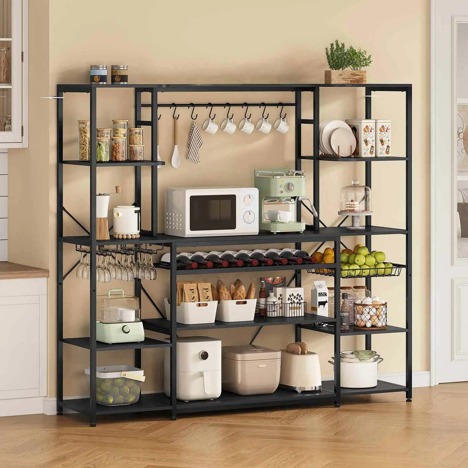 Black Coffee Bar Station with Power Outlet, Freestanding Kitchen Cupboard, Modern Credenza Cabinet
