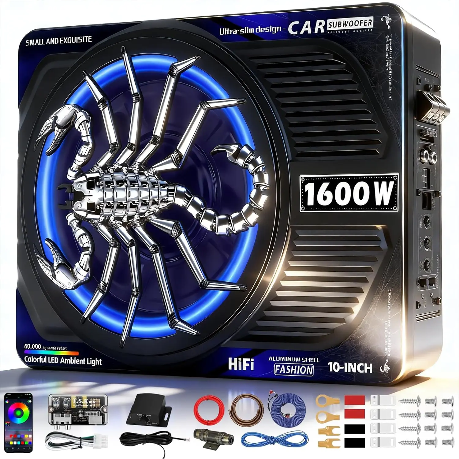 1600W Slim Underseat Car Subwoofer and Amp Package, Powered Subwoofer Car Audio with Built-in Class D Amp, RGB Beat-Sync Light, Deep Subsonic Bass, Under Seat Subwoofer for Truck SUV Sedan