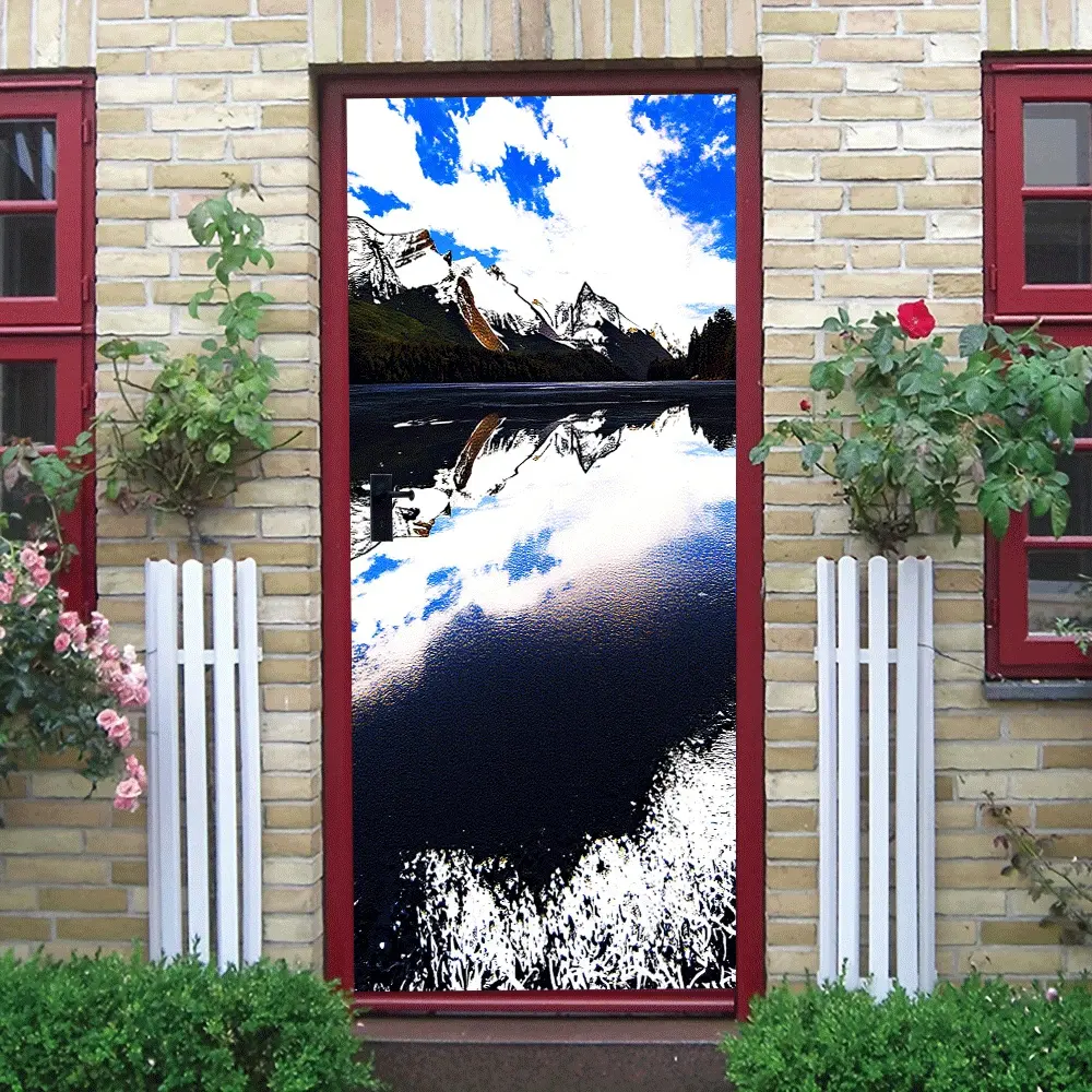 2pcs Snow Mountain Lake Reflection Scenery Wall Stickers Self Adhesive Removable Decorative Decals for Living Room Bedroom Home Decor Wall Art Murals