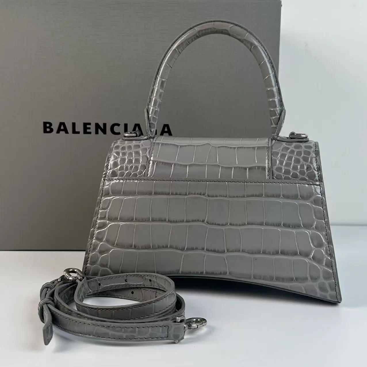 Pre-owned Balenciaga Grey Crocodile Embossed Calfskin Hourglass Mini Top Handle Bag with Detachable Crossbody Strap
