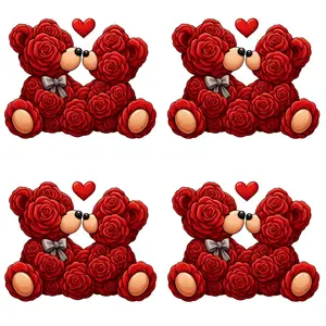 Set of 4 Iron-On Patches, Measuring 25Cm/9.84In, Featuring a Red Rose Bear Design with a Heart And Bow Tie. These Heat Transfer Patches Are Easy to Apply on Clothing, T-Shirts, Jeans, Backpacks, Hats, And Pillows. They Are Durable