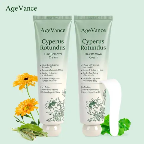 AgeVance Cyperus Rotundus Hair Removal Cream – 2-Pack Bundle, Hair Removal & Regrowth Reduction, Gentle & Fast-Acting with Cyperus Oil, Silky Smooth Skin for Legs, Arms & Body,Summervibes