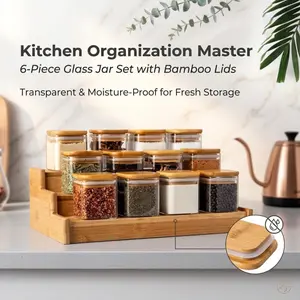 6-Piece Glass Jar Set with Bamboo Lids, Moisture-Proof Airtight Storage Containers, Transparent Square Canisters for Pantry Organization, Keeps Dry Goods, Snacks and Cereals Fresh and Visible