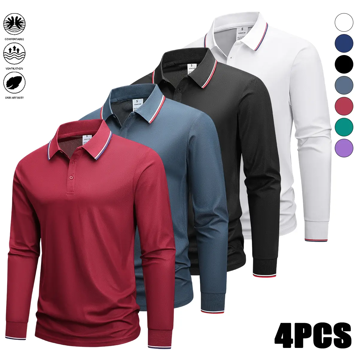 Men's 4-Pack Chic Preppy Color-Block Long Sleeve Polo Shirts, Regular Fit Collared Basics for Spring & Autumn Casual Daily Wear, Button-Front Tops