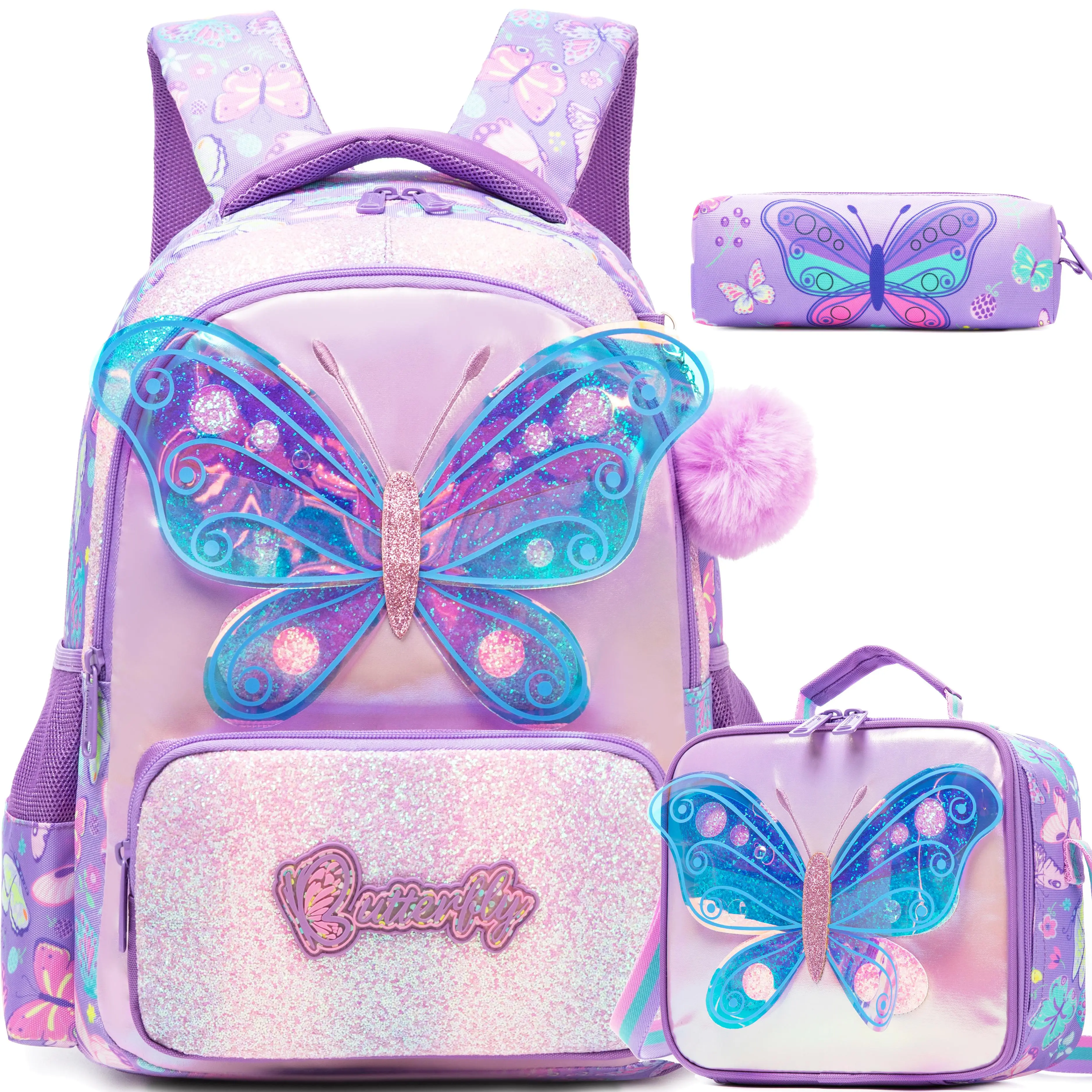 Butterfly Glitter Backpack Set for Girls – Kids School Bag with Lunch Bag & Pencil Case – Purple Sparkle Backpack for Elementary Students  adventure travel backpack box lightweight daily large capacity