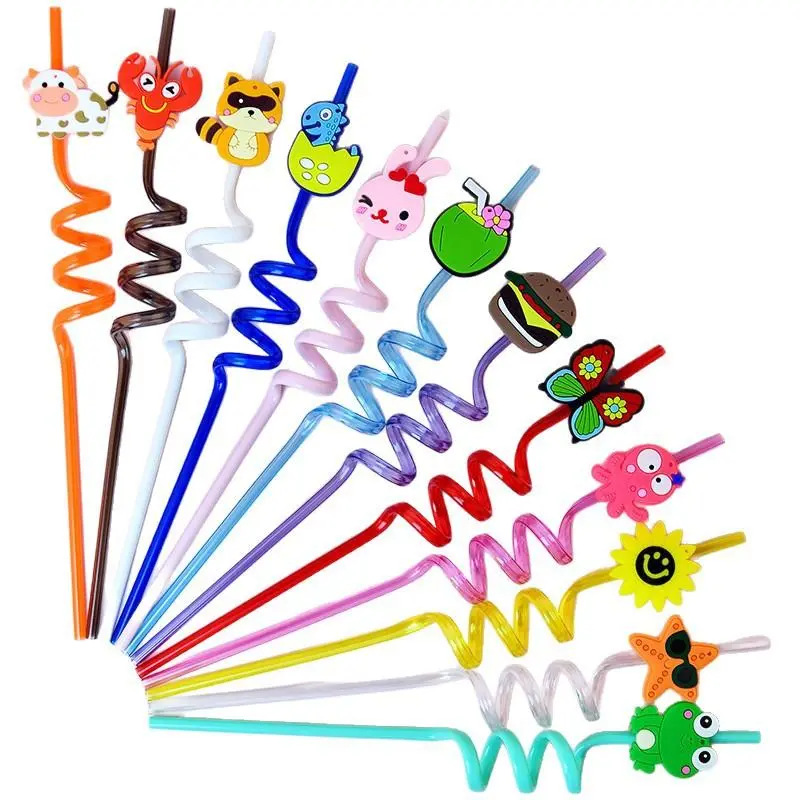 12 PCS Sturdy Colorful Curly Reusable Straws for Kids School Use, Food-Grade BPA-Free Plastic with Cartoon Animal & Food Designs, Drink/Beverage Party Favors for Birthdays, Wavy, Eco-Friendly, Wavy Stem, Plastic Safe, Curly Shape, 12Pcs