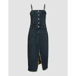 URBAN REVIVO Women's 2026 Viral Minimalist Sleeveless Off-Shoulder Cotton Denim Cami Dress, Basic Thin-Fit Skinny Chic Style, Raw Hem, Breathable Cotton Denim Fabric