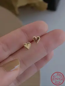 Cute S925 Sterling Silver Mini Heart Shaped Earrings for Women, Daily Commuter Wear, 2 Pairs, Cake Edge Design, Fashionable Earrings, Fashion Accessory