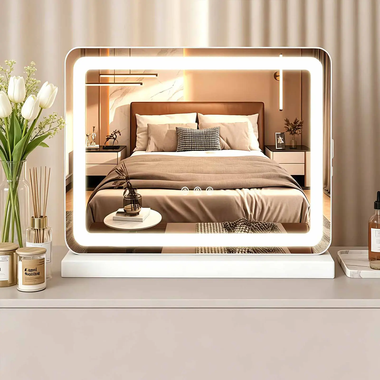 Minimalist Durable Square White LED Vanity Mirror - Adjustable Lighting, 3 Dimmable Color Modes, Touchscreen Control, Modern Home Decor for Aesthetic Room, Bathroom Supplies