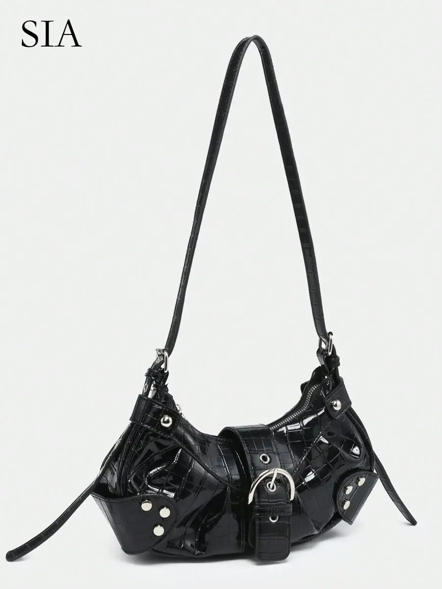FREDDIE Lightweight Portable Vintage Crossbody Bag For Women: Punk & Gothic Y2K Style Vegan Leather Motorcycle Purse With Rivets, Metal Chains & Adjustable Strap