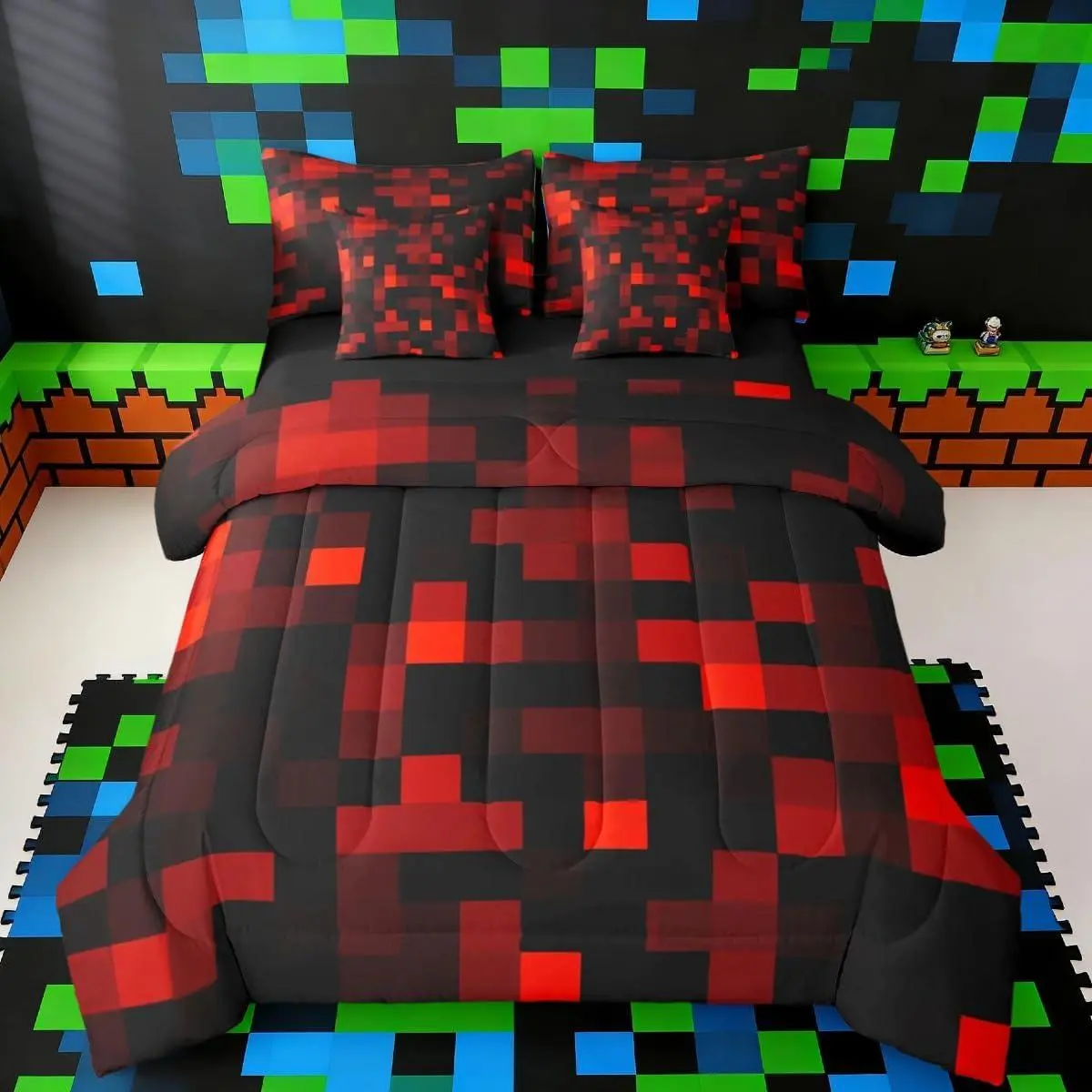 Pixelated Neon Red Black Comforter Set with Sheets，Pillowcases & Cushion Cover 7 Piece Bedding Set Super Soft Kids Girls Boys Bedroom Decor Gamepad Grid Bed in a Bag