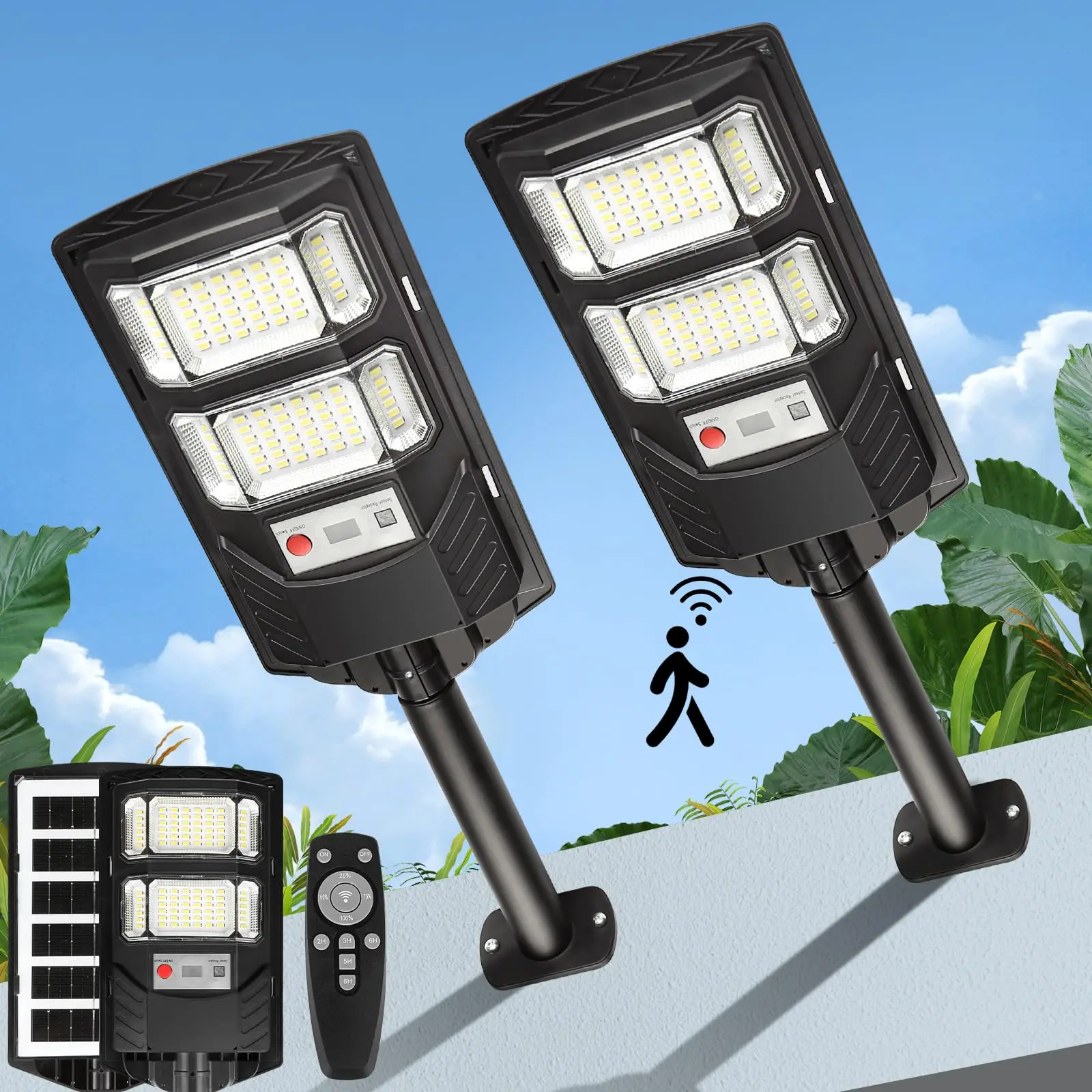 2-Pack Solar LED Street Lights, Outdoor Waterproof 10000 Lumen Dusk-to-Dawn Solar Flood Lights with Motion Sensor, Remote Control & Wall Mount for Outdoor Spaces, Parking Lot