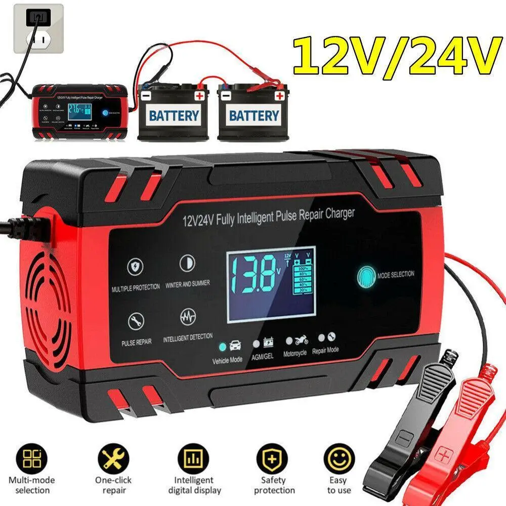 【SUMMER SALE】Battery Charger 10-Amp 12V and 24V Fully-Automatic Smart Car Battery Charger, Battery Maintainer Trickle Charger, and Battery Desulfator with Temperature Compensation Vehicle Repair