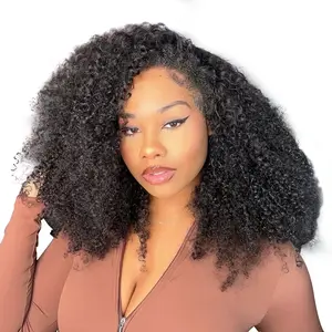 Auvzy Kinky Curly Half Wig 180% Density 3 In 1 Half Wig Glueless Wigs Synthetic Hair Wear and Go Drawstring Seamless Flip Headband Wig for Women Beginner Friendly Natural Black 16inch