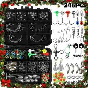 246-Piece Complete Fishing Lure Set, Fishing Tackle, Includes Hooks, Swivels, Sinkers, Beads, Spinning Reflectors, Durable Storage Box, Saltwater & Freshwater