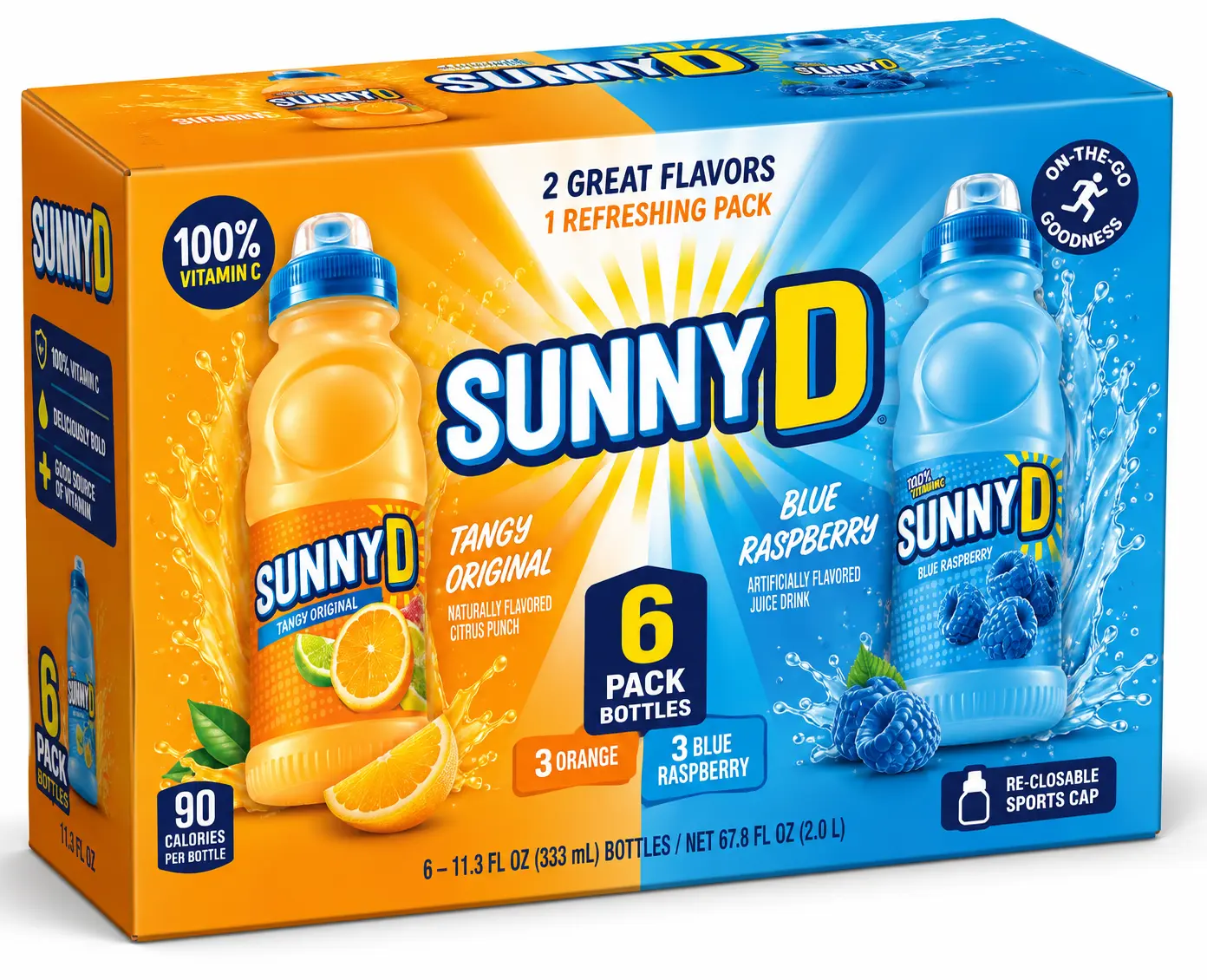 SunnyD Variety Pack Juice Drinks – Tangy Original & Blue Raspberry, 6 Bottles Total (3 Tangy Original + 3 Blue Raspberry), 11.3 fl oz Each, Shelf-Stable Ready-to-Drink Beverage