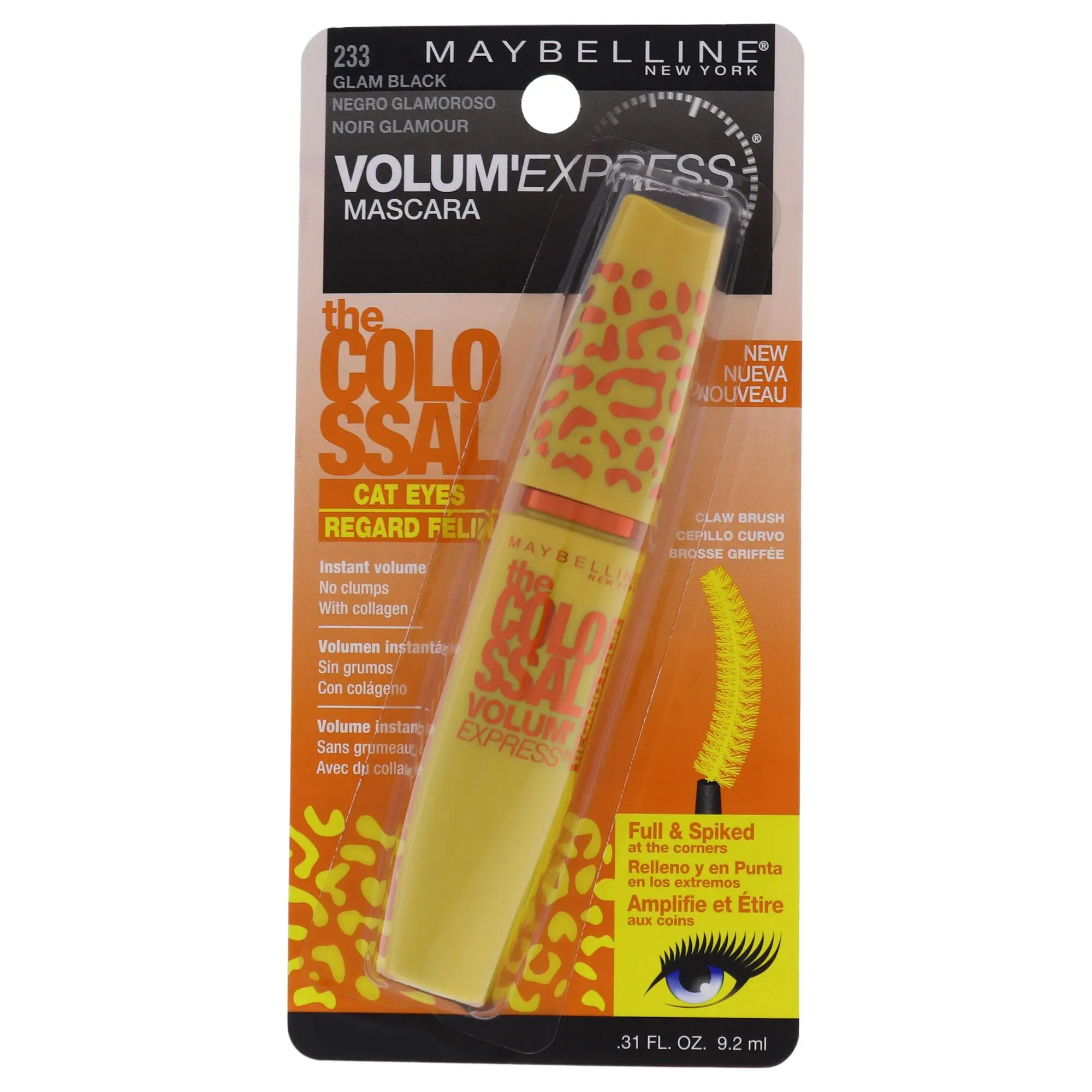 Maybelline Colossal VolumExpress Cat Eyes Makeup Mascara - Women's 233 Glam Black, Smooth Lash-Boosting Cosmetic with Collagen, 0.31 oz