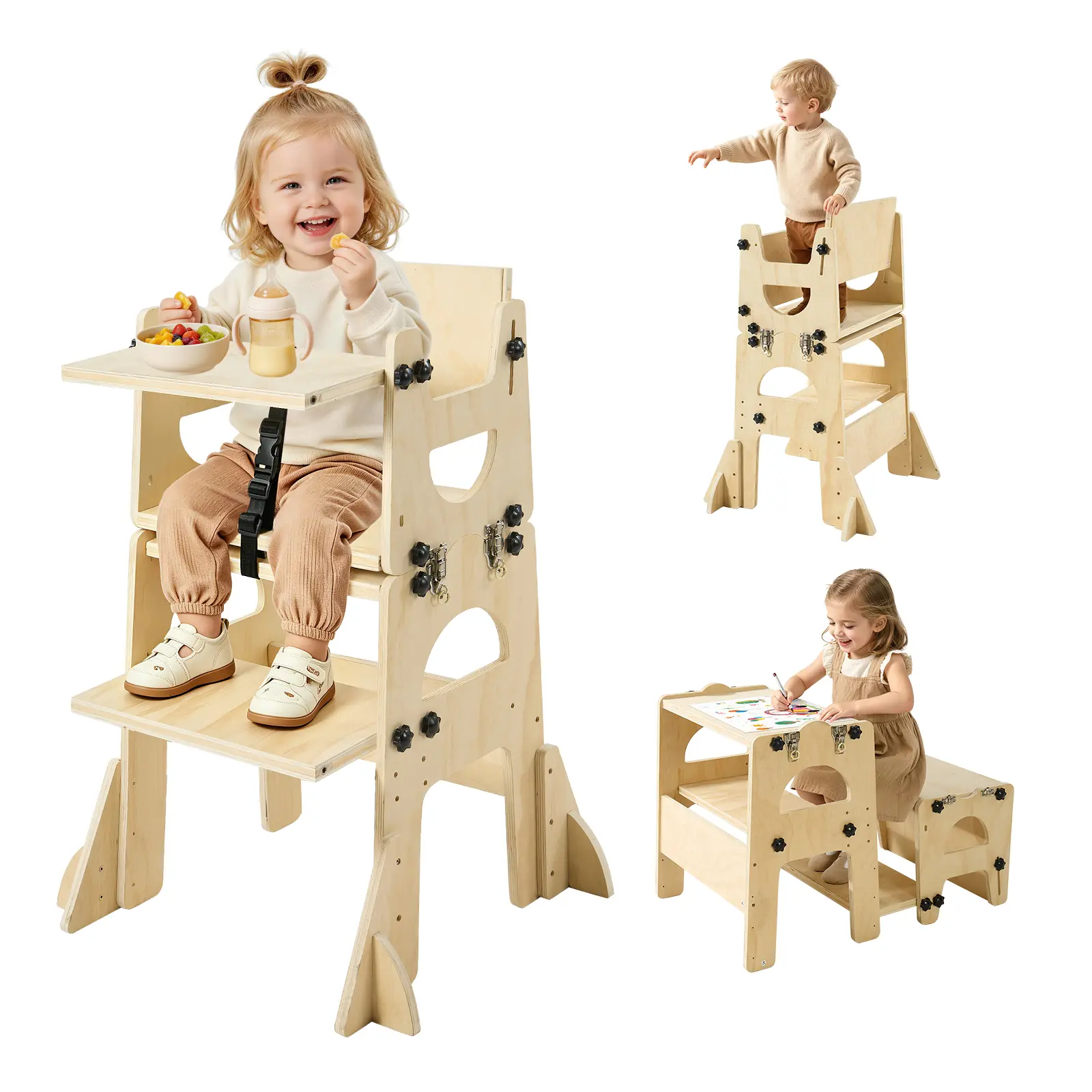 【SummerFinds】VEVOR Poplar Plywood Toddler Tower Furniture - Sturdy Adjustable Kitchen Step Stool, Montessori Weaning Set with Chalkboard Side & Locking Latches, 88 lbs Capacity for 1-5 Yrs (Birthday Gift Option)