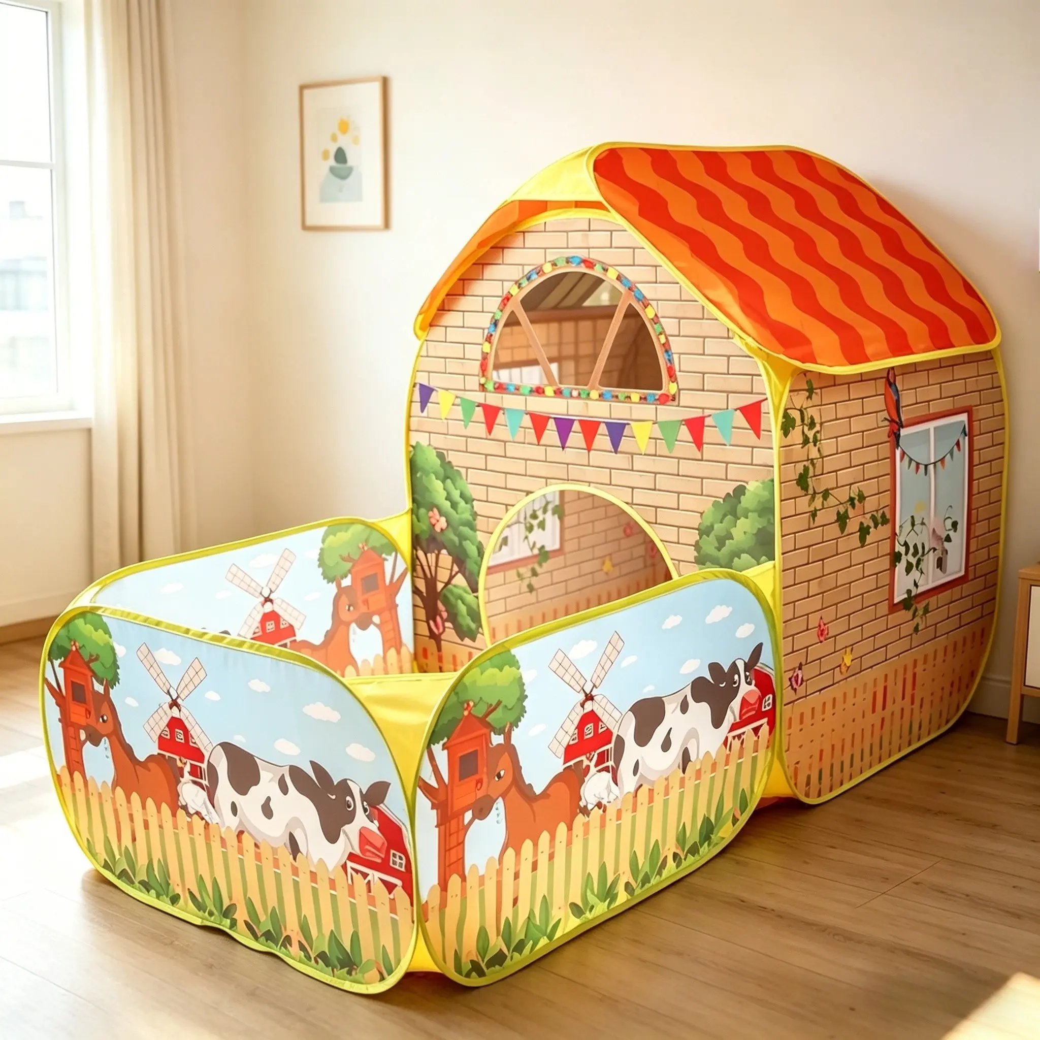 Kids' Garden Farm Villa Tent with Ball Pit, Toddler Play Tent | Large Portable Foldable Yellow Playhouse | Pop-Up Castle Tent | Outdoor Playset, Party & Beach Toy | Holiday Gift (Birthday/Christmas) | No Accessories, Lights or Balls