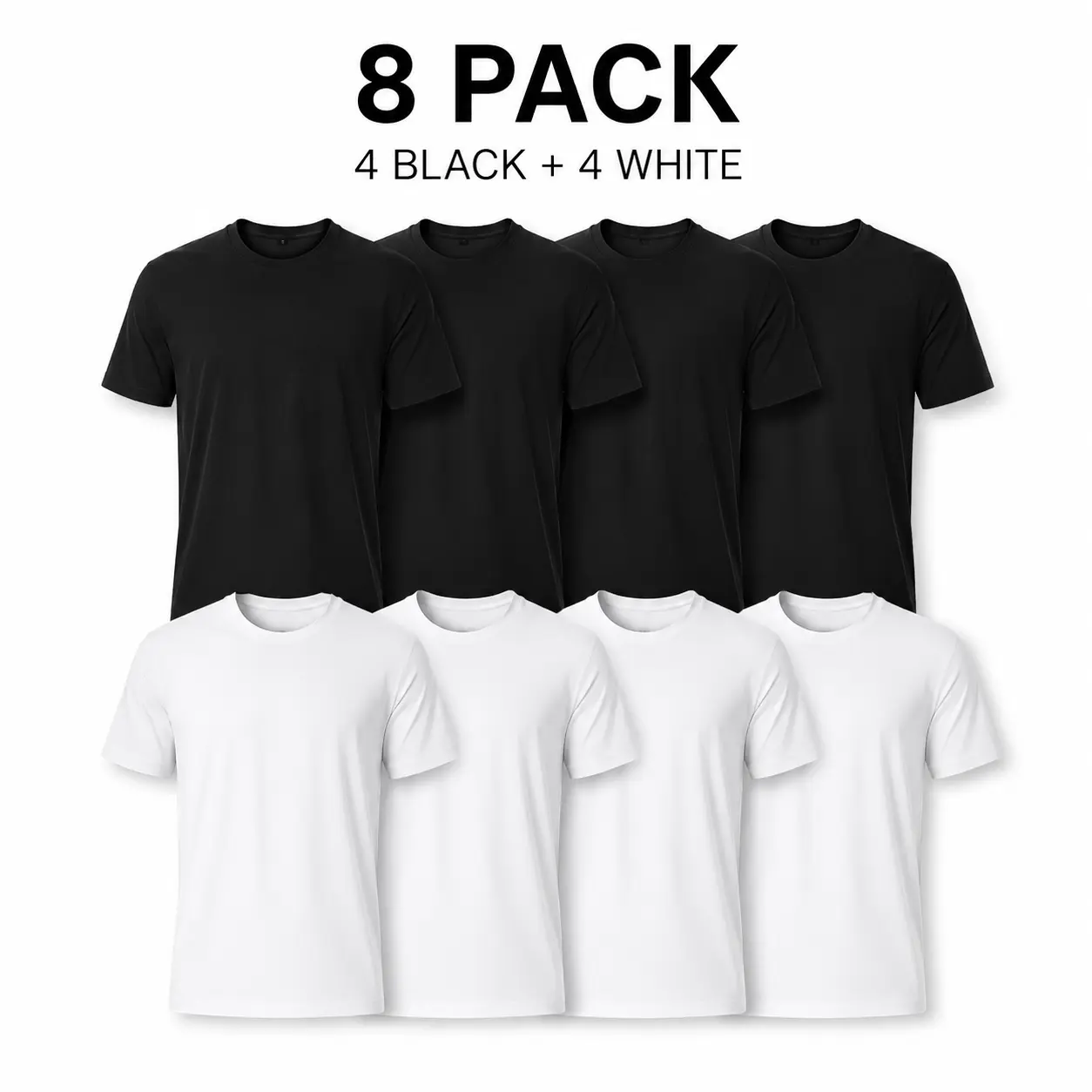 Women's Round Neck Short Sleeve T-Shirts - 8-Pack (4 Black + 4 White Black Shirts), Unisex Oversized Soft Cotton Crewneck Casual Streetwear Everyday Tops (Under $3.38 Each), Shortsleeve, Tshirt, Plain, Machine Wash