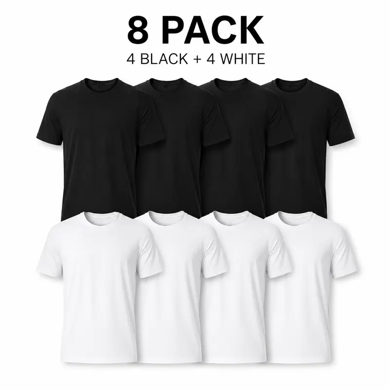 Women's 8-Pack Oversized Vintage Cotton Plain Crewneck Tees - 4 Black + 4 White, Unisex Loose Comfy Short Sleeve Plus Size Tshirts, Casual Classic Street Vibe Basics for Everyday Wear, Round Neck Neutral Aesthetic