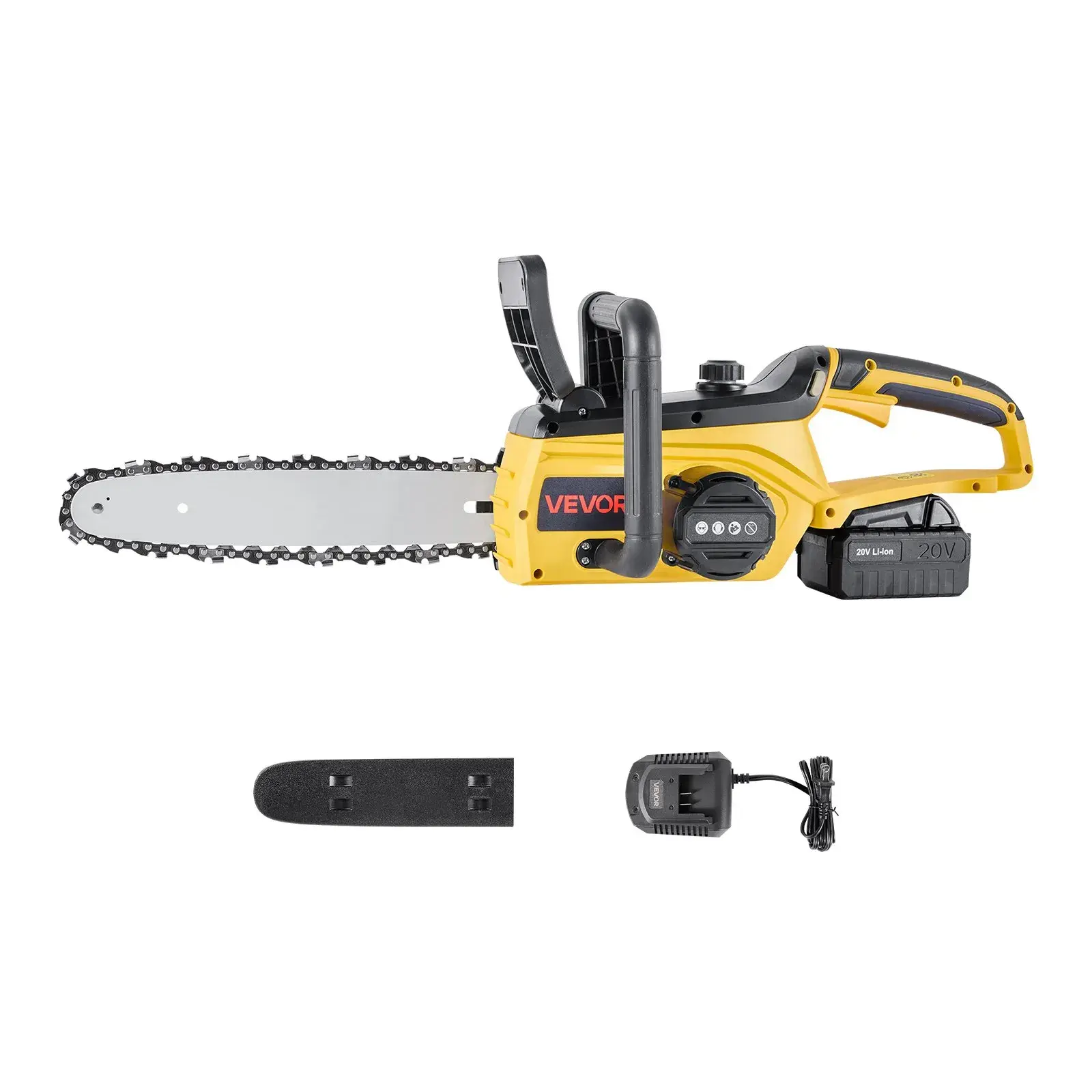 【Summerfinds】VEVOR Portable 20V 12-Inch Brushless Cordless Chainsaw, 4.0Ah Battery, Rapid Charger, Single-Hand Handheld Steel Garden Tool for Tree Felling, Hardwoods Cutting