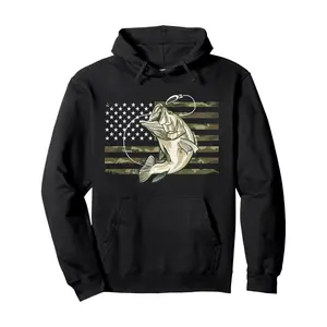 Men's Long-Sleeve Camouflage US American Flag Bass Fisherman Hoodie Pullover - Breathable Fabric, Drawstring Hood, Comfortable Fit Menswear Top for Casual Everyday Wear, Longsleeves