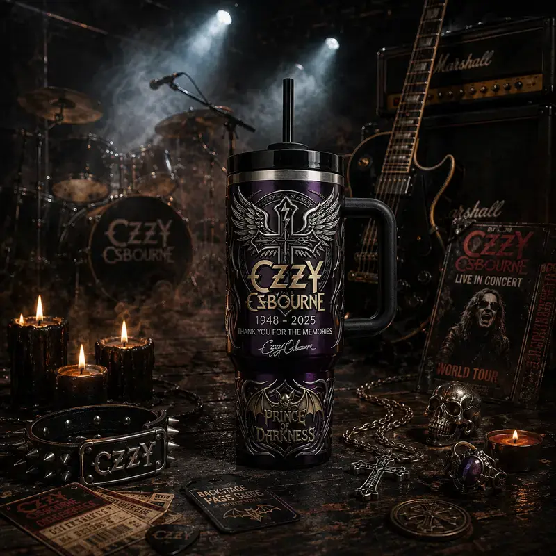 Ozzy Osbourne 1948–2025 Prince of Darkness 40oz Tumbler With Handle, Premium Vacuum Insulated Stainless Steel Travel Mug, Tribute Collector's Edition Gift