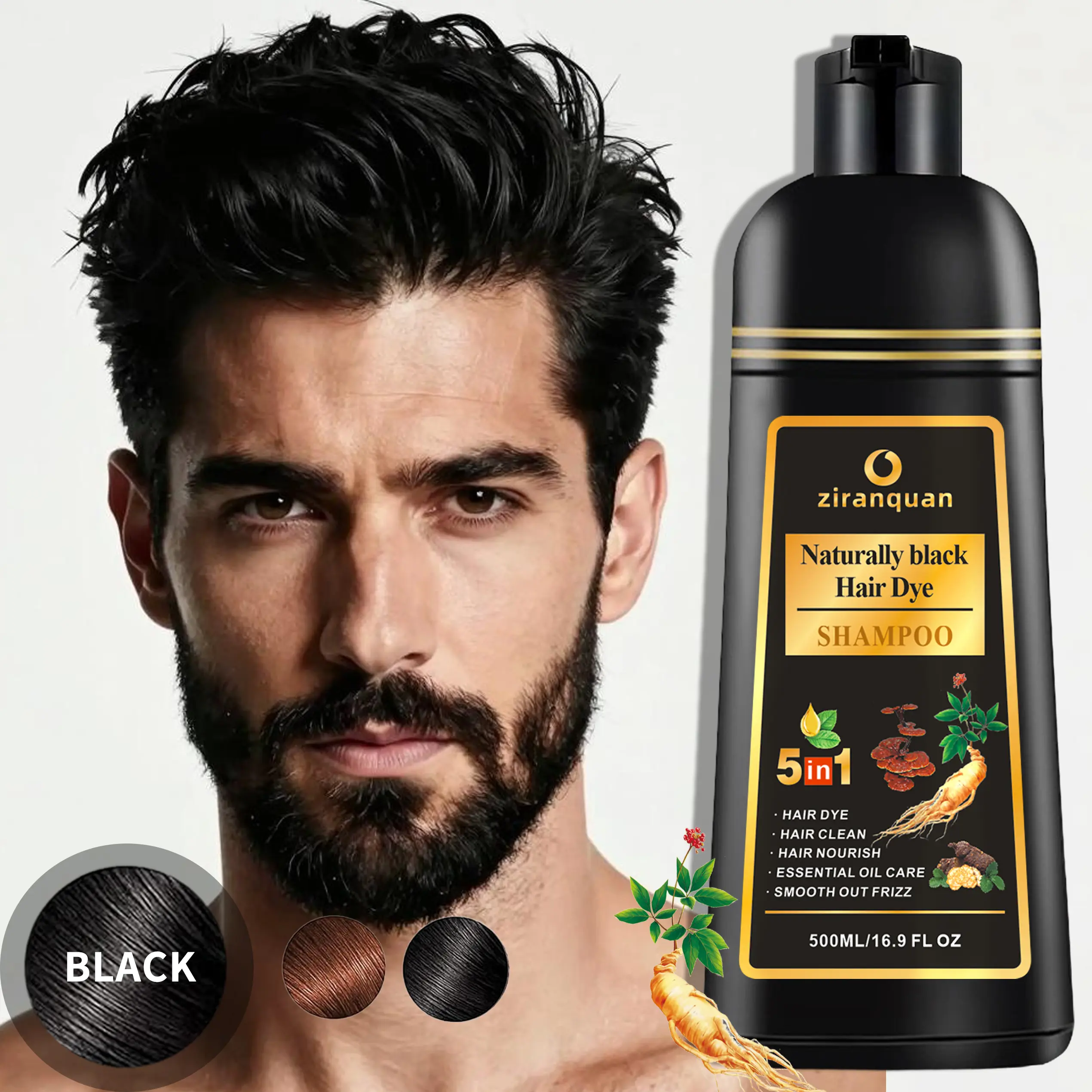 Black Hair & Beard Color Shampoo for Men & Women, 5-in-1 Instant Gray Coverage Dye with Natural Ginseng & Ginger, Strengthening Formula, Sulfate & Ammonia-Free, 16.9 Fl Oz, Hair Care Products, Natural Ingredients, Sulfate-Free, Curly, No Bleach Hair Color