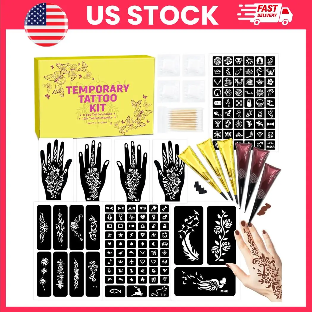 Temporary Tattoo Kit 126 Stencils, DIY Body Art Set with Black & Brown Tattoo Ink, Waterproof Temporary Tattoos for Adults & Kids, Includes Gloves & Cleaning Supplies | temporary tattoo kit,tattoo stencil kit,diy tattoo kit,temporary tattoos