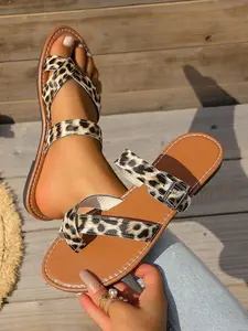 Women's Flat Sandals New Buckle Decoration Embroidered Casual Walking Slippers, Stylish Comfortable Ladies Footwear, Leopard Pattern Slides, Buckle Design Sandals