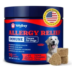 Dog Allergy Relief Chews – 70 & 180 Soft Chews of YoYoBay, Turkey & Pumpkin Flavor - YoYoBay Immune Support & Itch Relief Supplement with Colostrum, Astragalus Root, 6-Strain Gut Health Blend, Soft Treats