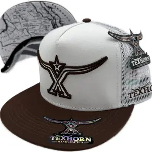 HIDALGO Texhorn Handcrafted White & Brown Snapback Hat with Embroidered Logo and Mesh Back