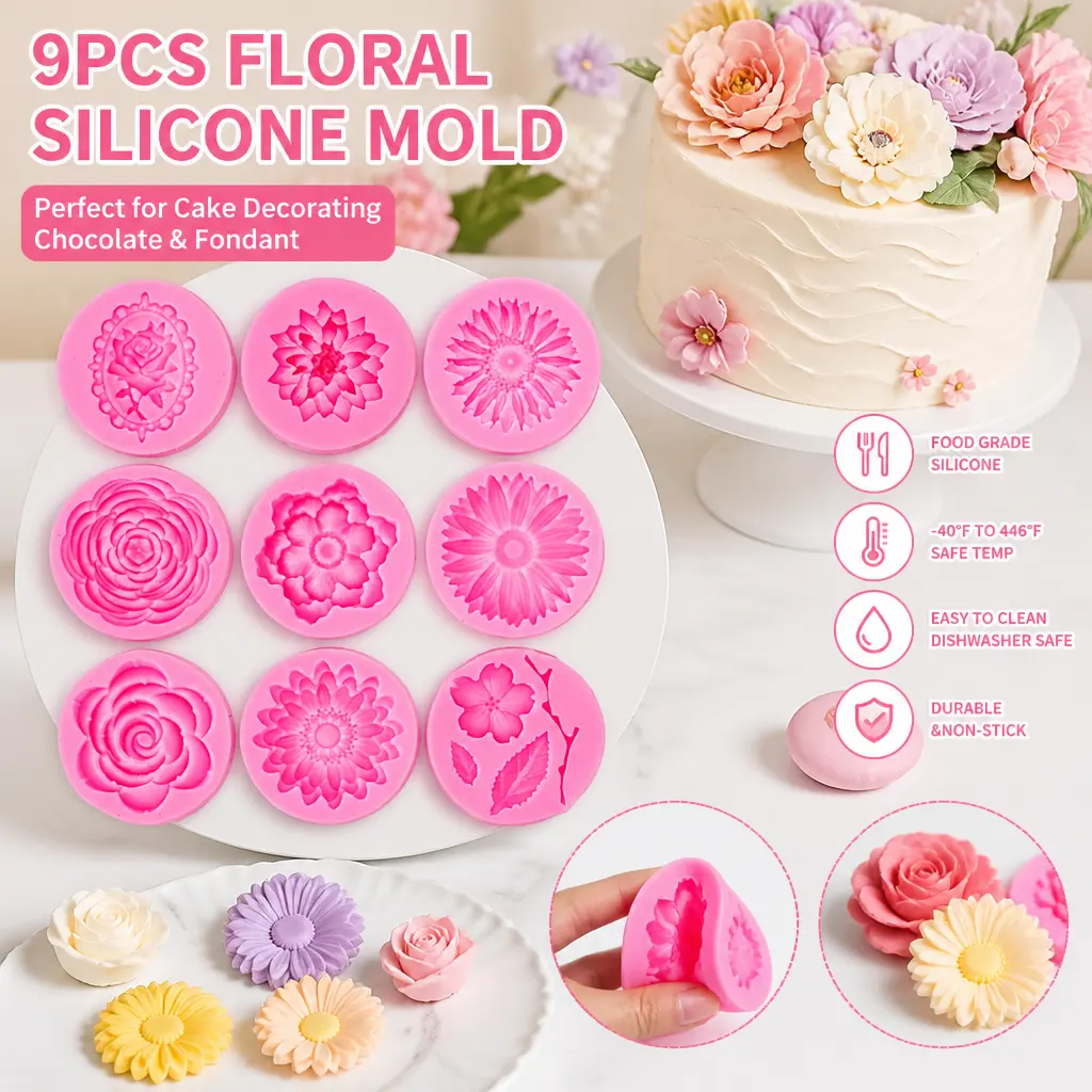 9-Pcs BPA-Free Silicone Flower Fondant Molds - Non-Stick Bakeware for DIY Projects, Birthday Cupcake Decor, Jewelry Designer Crafts, Chocolate Making & Cookie Shaping