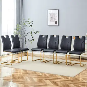 Modern Dining Chairs, Set of 6 Armless Kitchen Chair, PU Leather Dining Room Chairs with Upholstered Padded Seat and Sturdy Metal Legs for Dining Room, Kitchen, Restaurant (Black Gold)