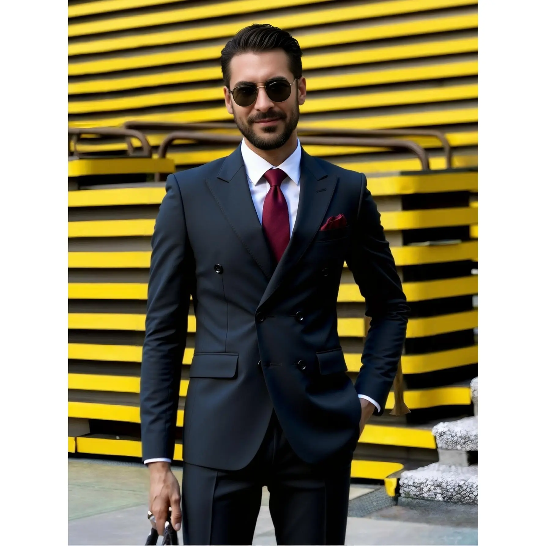 Men's 2-Piece Double Breasted Slim Fit Formal Wear Set - Longsleeves Peak Lapel Rayon Blazer & Pants, Durable and Comfortable Menswear for Wedding, Prom, Business with Matching Classic Pocket