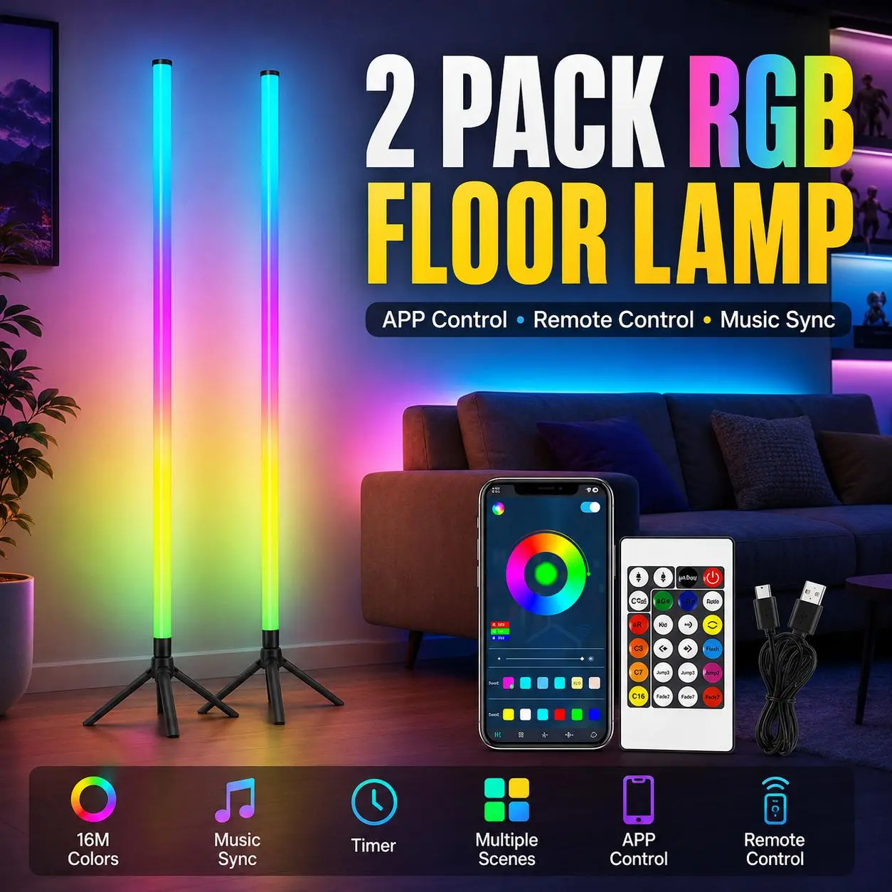 【Black Friday】Smart RGB LED Corner Floor Lamp, 16M Dimmable Colors, Music Sync, Remote & App Control, Modern Stand, Lights for Bedroom, Mood Lighting, Lighting Vibes, Floor-Based Specialty Decorative Light