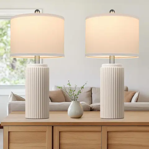 MATULSA 2-Pack 23.5in Modern Ceramic Decorative Lamps with White Linen Fabric Shades, Modern Farmhouse Home Goods, Women’s Gift for Bedroom Nightstand Home Office, House Decor Accessory