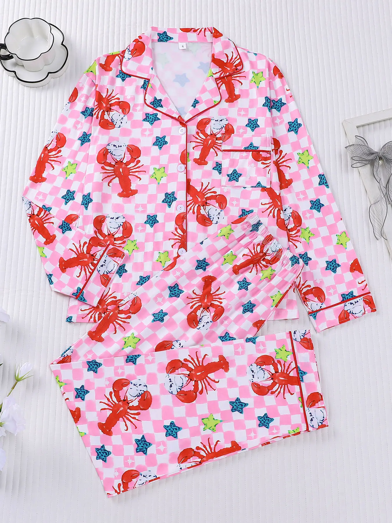 2-piece women's lobster Checkered full-print pajamas Cozy Matching Sleepwear Nightwear Loungewear Pjs with long sleeves and long pants, suitable for all seasons, featuring a top with pockets and a collar, pants, and a button-front cardigan set