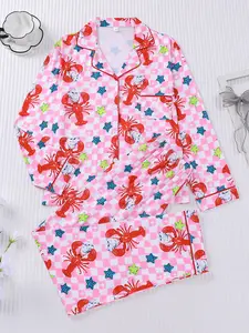 2-piece women's lobster check full-print pajamas Loungewear with long sleeves and long pants, suitable for all seasons, featuring a top with pockets and a collar, pants, and a button-front cardigan set.