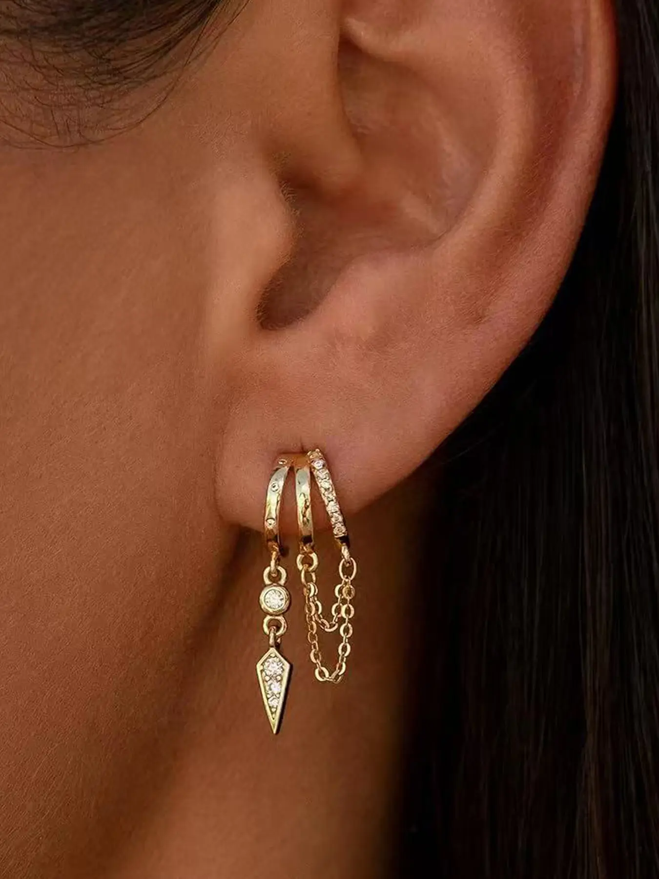 Dangle Earrings for Women,Gold Plated Triple Huggie Stud Earrings Cute Statement Chain Earring Dainty Drop Earrings for Women Trendy Gold Jewelry, All Seasons Use Hoop Earrings Versatile Earrings