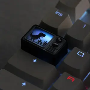 Retro TV-Style Shine-Through Artisan Keycap, Pixel Dinosaur & Alien Silhouette Dual Design, Resin Custom TAB Keycap, Compatible with MX Mechanical Keyboards, Creative Collectible & Gift for Gamers (Single Keycap Only)