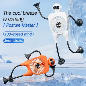 Robot Fan with Suction Cup Legs Party Supplies, USB Rechargeable Desktop Fan, 100-Speed Digital Display, Flexible Arms & Phone Stand, Portable Mini Cooling Fan for Office Car Travel Cartoon Style Party Event Supplies