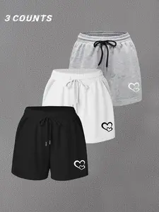 Women's Heart Print Drawstring Waist Shorts, Casual Loose Elastic Waist Shorts for Summer, Ladies Bottoms for Daily Wear, Casual Comfy Shorts